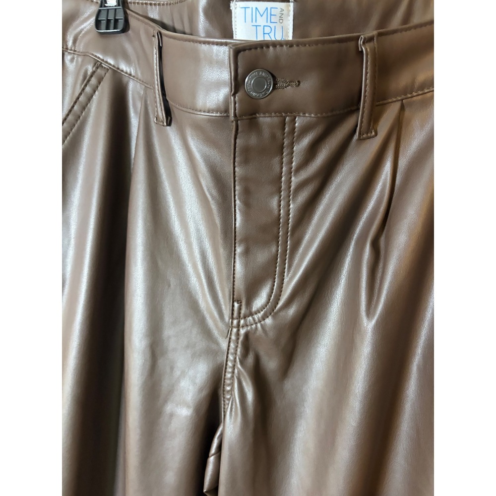 Time and Tru Womens High Rise Wide Leg Faux Leather Trousers Chocolate Brown 14 - Picture 4 of 11
